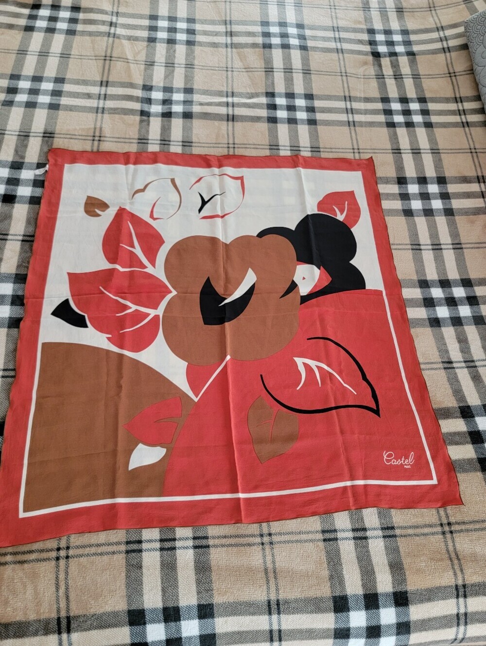 Vintage Floral Silk-Blend Scarf in Coral, Brown & Black